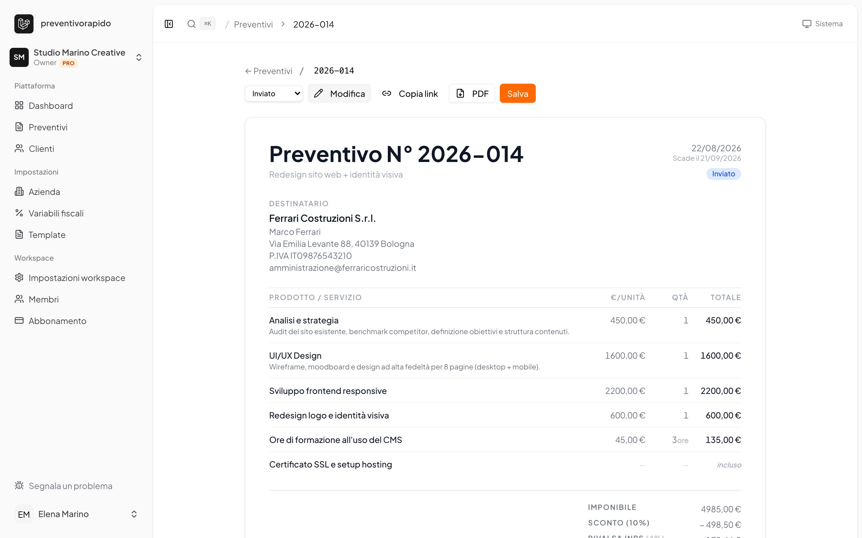 PreventivoRapido — L'anteprima in fase di costruzione del preventiv